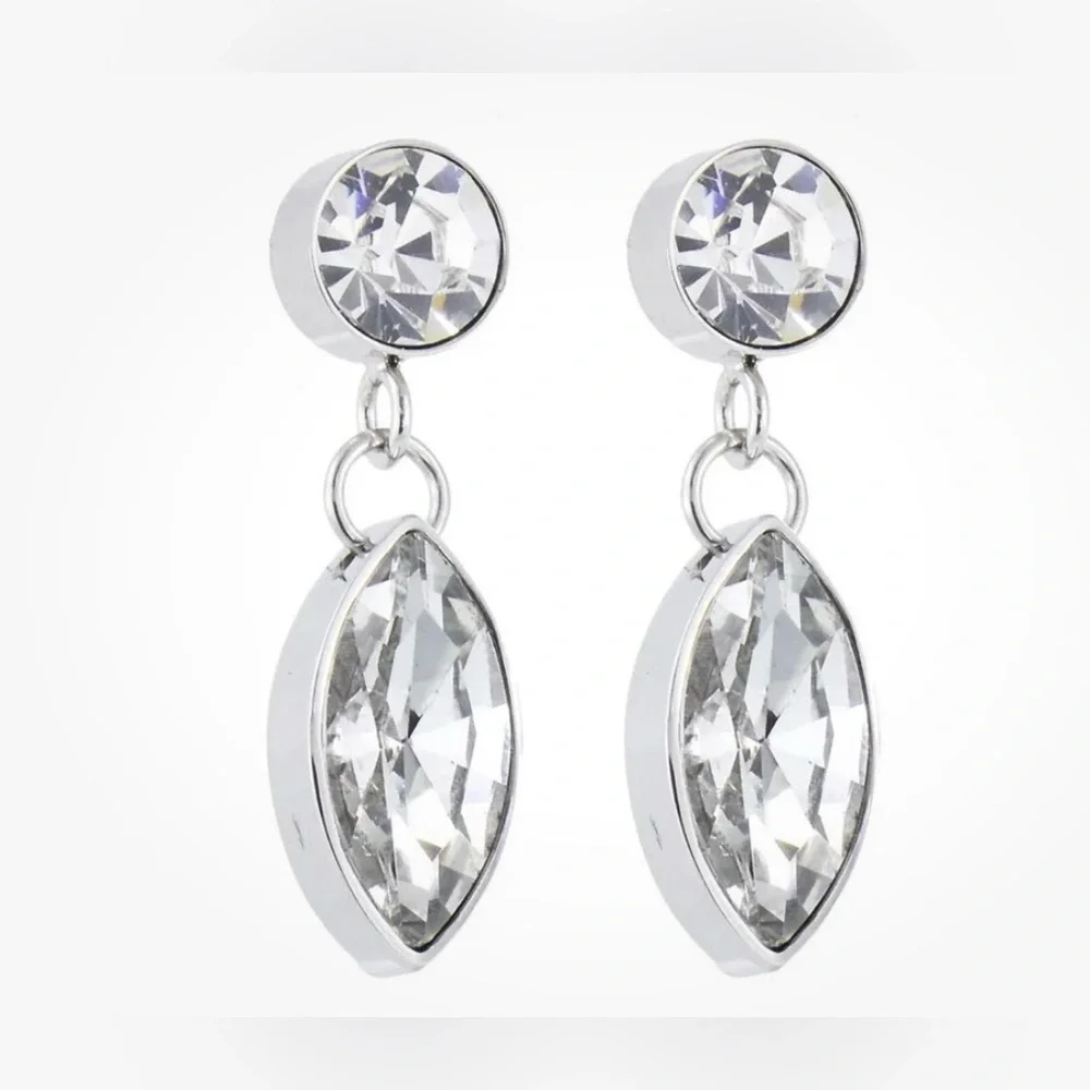 S MICHAEL DESIGN signed vintage stainless steel marquis cut crystal drop pierced
